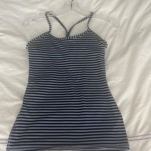 Lululemon power Y black light blue, striped yoga top size 4